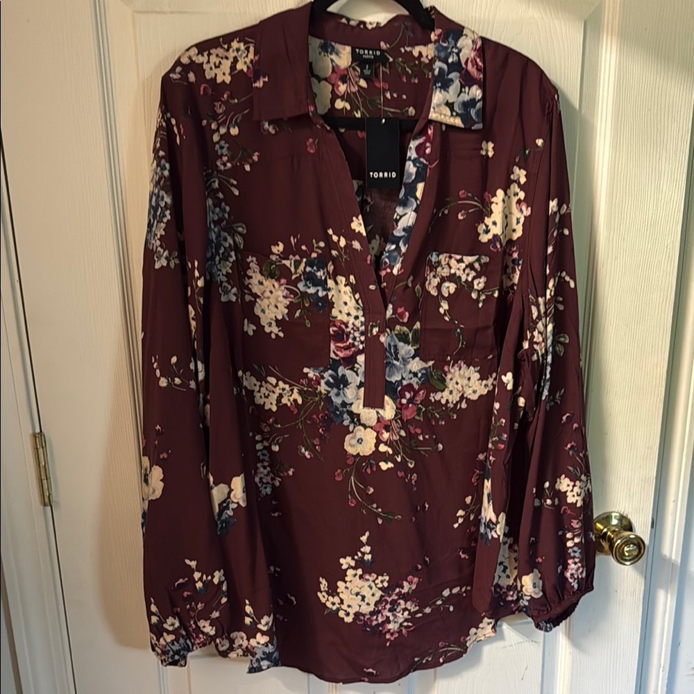 torrid Burgundy Floral Long Sleeve Blouse